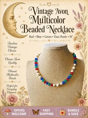 Vintage Avon Beaded Necklace Red Blue Green Beads Faux Pearls 18”